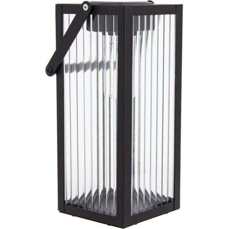 Lanterne solaire nomade 26cm IP44 – Verre ciselé et métal noir – Autonomie 8h – Température couleur 3000K (1/5)