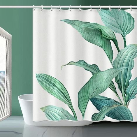 Rideau de Douche Imperméable en Tissu à Feuilles Vertes Ourlet Lesté avec 12 Crochets (1/4)