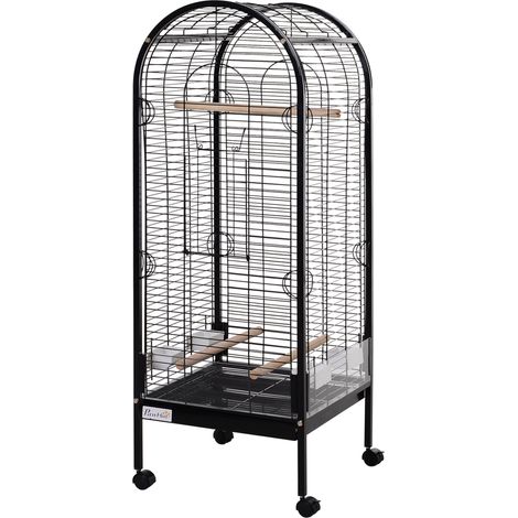 Cage à oiseaux métallique avec 3 perchoirs en bois, spacieuse, 4 roues, 54x54x151 cm, noire
