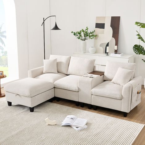 Sofá esquinero en L: con consola, 2 portavasos, puerto USB, bolsillos en los reposabrazos y cojines - terciopelo de rizo beige