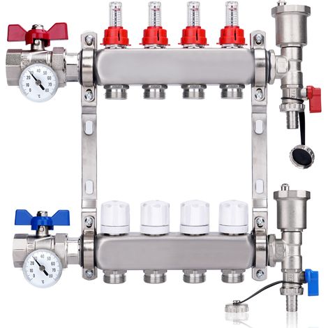 Kit Collecteur Radiateur, 4 Circuits Distributeur Chauffage, avec Thermomètreavec, Vannes à Boisseau Sphérique 1", avec Purgeur Manuel et Débitmètre, Raccords pour Eurocône 3/4, Distributeur HKV