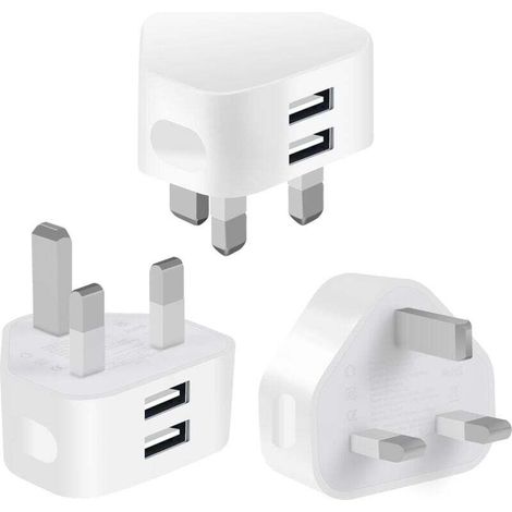 Lot de 3 adaptateurs de prise murale USB à -DOUble port pour Royaume-Uni, charge secteur compacte 2,1 A avec technologie de charge Smart IC-DOU