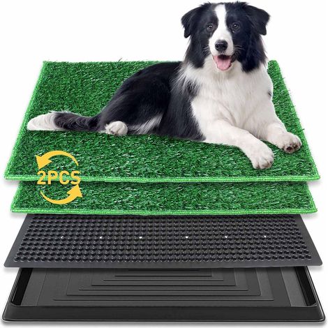 MétalLitiere Chien 76 x 51cm, Tapis d'apprentissage du Pipi pour Chiot, Toilette Chien avec Deux Tapis en Gazon Artificiel et Un Bac à Déchets pour L'intérieur et L'extérieur