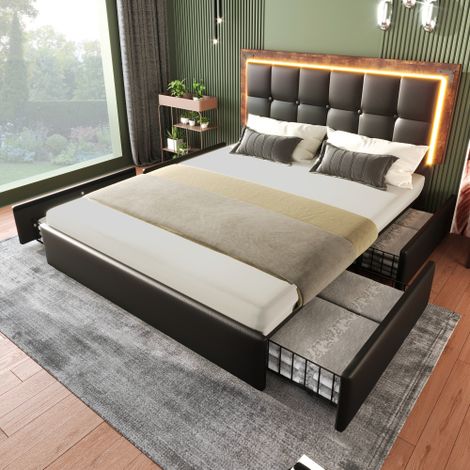 Bettgestell mit LED-Beleuchtungsleiste und 4 Schubladen, Doppelbett Polsterbett, Höhenverstellbarem Kopfteil, Funktionsbett, PU Schwarz (Ohne Matratze)