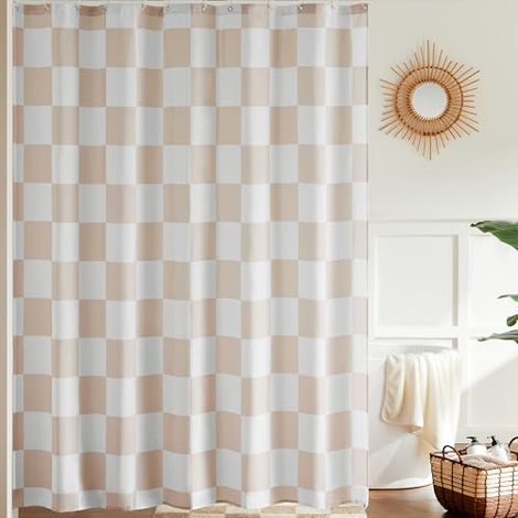 Rideau de douche beige à carreaux, style rétro et élégant, lavable, 180 x 180 cm (1/5)