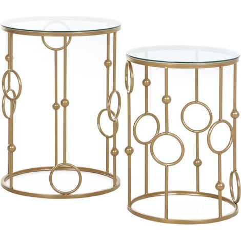 Ensemble de 2 tables basses rondes avec plateau en verre, cadre métal doré, Ø41 x 57 cm et Ø36 x 51 cm (1/5)