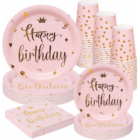 Vaisselle rose pour une fête d'anniversaire, assiettes et serviettes roses et dorées « Joyeux anniversaire », gobelets en papier pour une fête d'anniversaire de fille ou de femme.