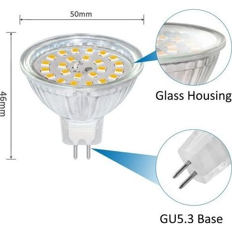 Ampoule LED MR16 GU5.3 12 V 5 W, lumière chaude 3000 K, non dimmable, équivalente à une ampoule halogène de 50 W. Cette ampoule LED MR16 GU5.3 est idéale pour les plafonniers et l'éclairage extérieur. (1/5)