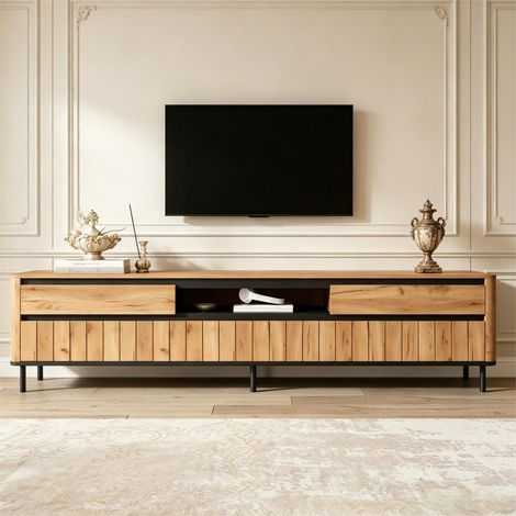 Meuble TV bois naturel 180×40×52cm, 2 tiroirs et 2 portes, pieds métalliques, support TV jusqu'à 75 pouces pour salon (1/5)