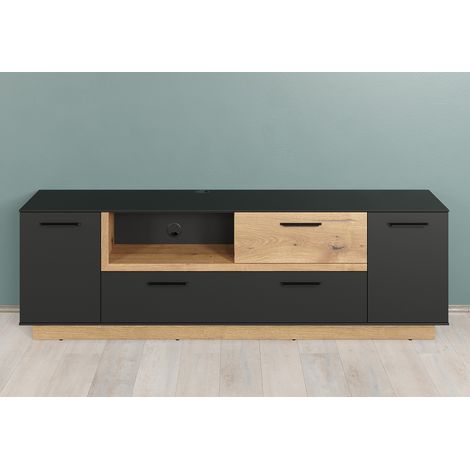 Synnax TV Tisch 2 Türen, 2 Klaptüren, 1 Ablage, 1 Schublade grau,Eiche dekor. (1/5)