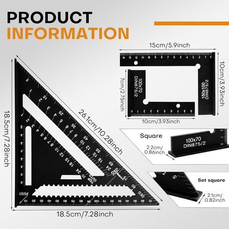 3-Piece Carpenter's Square Set - Joiner's Square Set - Anodized Aluminum Blocks 150x100cm and 100x70cm - 90 Degree Precision Measuring Tool for Wood and Metal - Black (1/5)
