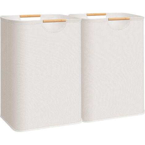 Lot de 2 grands paniers à linge pliables avec poignées en bambou, 80 L, blancs, (1/5)