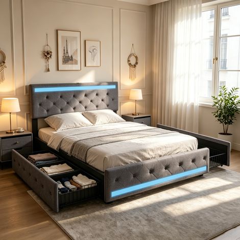 Doppelbett 140 x 190 cm mit 4 Schubladen, gepolstertes Bett mit USB-Anschluss und dimmbarer LED-Beleuchtung, dunkelgrauer Leinenstoff – ohne Matratze