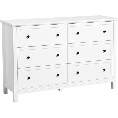 Commode à 6 tiroirs, en bois, avec tiroirs coulissants et système anti-basculement, style rétro minimaliste, meuble de rangement pour salon, couloir, chambre, entrée, blanc. (1/5)