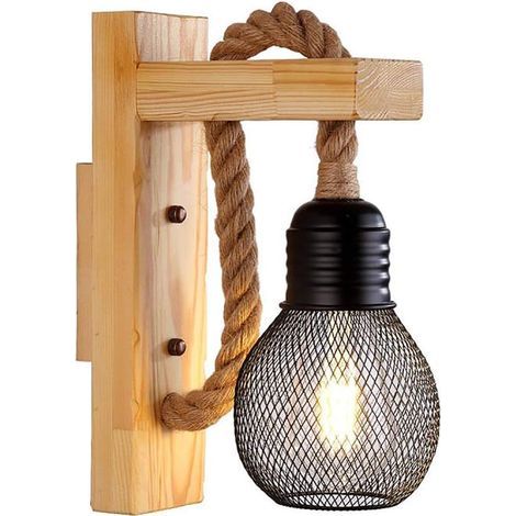 Vintage-Industrie-Wandleuchte, rustikale Holzwandlampe, Lampenschirm aus schwarzem Metallkäfig, Hängewandlampe aus Hanfseil für Schlafzimmer, Wohnzimmer (ohne (1/5)