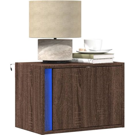Wand-Nachttisch mit LED-Leuchten Braun Eichen-Optik