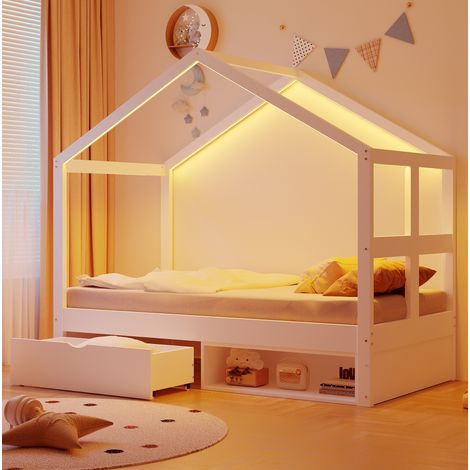 Cama juvenil con cajón y zapatero LED blanca OKMYHOME (1/5)