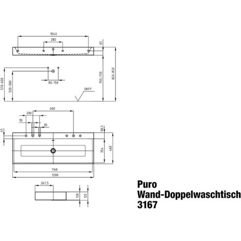 KALDEWEI 906807253001 Lavabo mural PURO Mod.3167, 1200 x