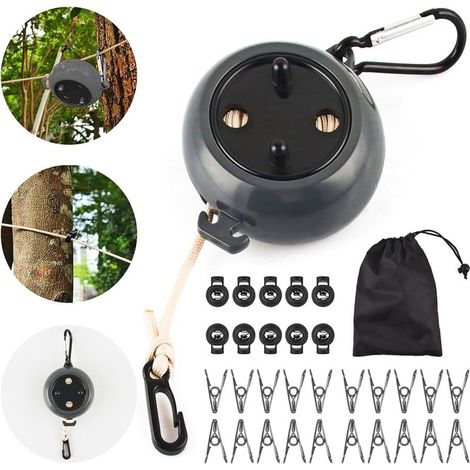 Tendedero retráctil, con cable retráctil, 10 bucles fijos y 20 pinzas resistentes al viento, tendedero portátil para exteriores para sábanas, tendedero para jardín, autocaravana, lavadero, viajes (1/5)