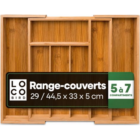 Range Couverts pour Tiroir Extensible - Organisateur Tiroir Cuisine au Design Bambou - 5 à 7 Compartiments - 29x33x5 cm / 45,5x33x5 cm - Range Couvert bois Ajustable (1/5)
