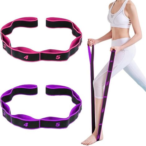 Sangle Élastique Yoga - 240 cm x 3 cm - 8 Boucles Réglables - Pour Étirement, Pilates, Musculation, Fitness - Lot de 2 (1/5)