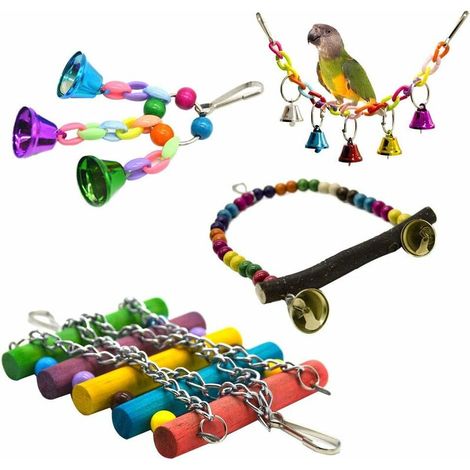 4 pcs/Ensemble Jouet De Cage De Perroquet Suspendu Balançoire Socle Suspendu Pont Cloche Corde Balançoire Oiseaux Jouets Cloche De Bois Coloré Perles, Petites Cages Perruche Accessoires Décoratifs (1/5)