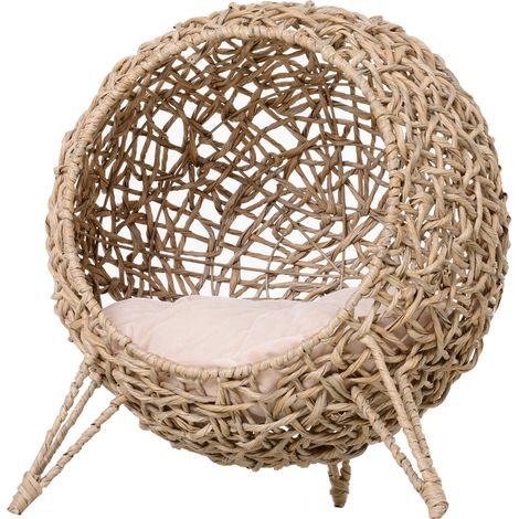 PawHut Erhöhter Katzenkorb, gemütliches Bett, Höhle, extra Komfort, Ø 52 x 58 cm (H), inklusive weichem Kissen, Kunstharz in Rattanoptik, Beige