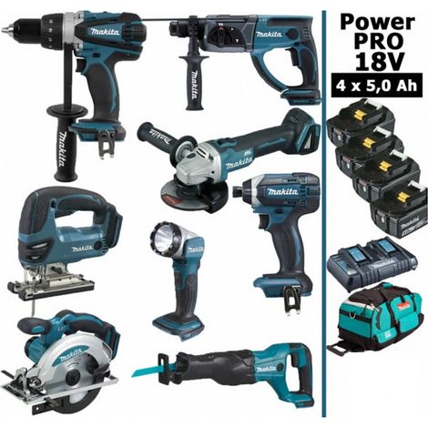 Pack Power PRO 8 outils 18V: Perceuse DDF458 + Perfo DHR202 + Meuleuse DGA504 + Visseuse à choc DTD152 + Scie sauteuse DJV180 + (1/5)