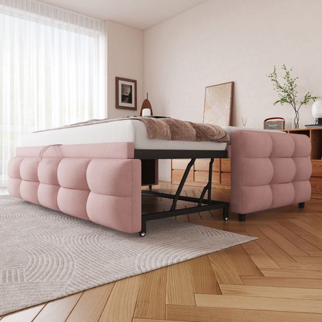 Canapé-Lit Escamotable Teddy 90x190cm, Lit Convertible Double en Velours Rose, Canapé Simple/Double avec Sommier, Lit Multifonction Sans Matelas (1/4)
