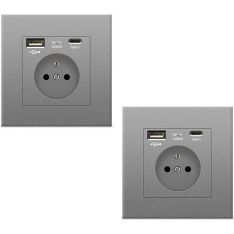 2 prise murale grise avec USB et Type C, prise de courant en verre, 5v, 2100mA (1/4)