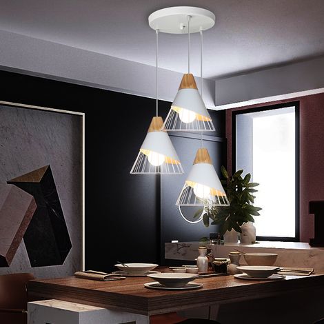3 Lampes E27 Suspension Luminaire en Disque Lustre Plafonnier en Forme Badminton Lustre d'Intérieur en Métal et Bois pour Cuisine Salon Chambre Blanc (1/5)