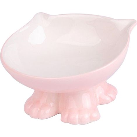 Comedero para gatos con protector de cuello, fabricado en cerámica, elevado y con abertura en ángulo.