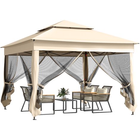 Outsunny 3 x 3(m) Pop Up Gazebo, Double-roof Garden Tent with Netting and Carry Bag, Party Event Shelter for Outdoor Patio, Cream White