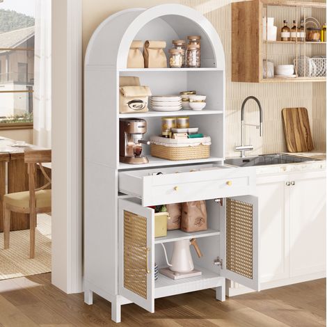 Vitrine de rangement arquée 70 x 40 x 170 cm, portes effet rotin, blanc et bois REDOM (1/5)