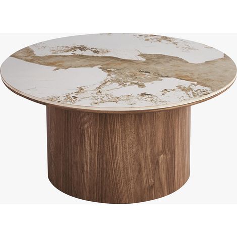 EVORA Table basse ronde en pierre frittée blanc pieds couleur bois clair D80 cm (1/5)