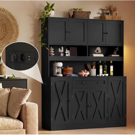 Buffet de cuisine 140x40x185 cm avec plan de travail, prise électrique, étagères réglables, MDF noir (1/5)