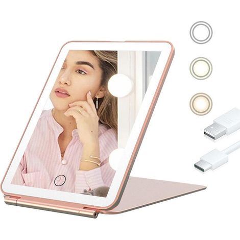 Miroir de maquillage portable rechargeable par USB avec intensité lumineuse réglable et 3 couleurs d'éclairage rose (1/3)