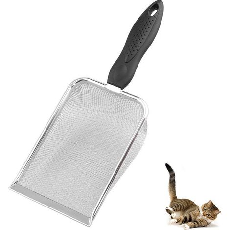 Paletta per lettiera per gatti in acciaio inox, setaccio per la pulizia di animali domestici, paletta con manico lungo, rete in acciaio inox, impugnatura antiscivolo, paletta profonda, granuli fini (1/5)