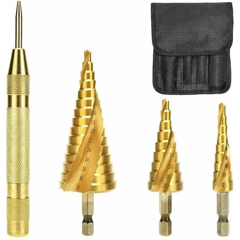 Foret à métaux pour perceuse,Foret Etage avec Poinçon de Centre Automatique, Meche Etage Triangle Conique Titane Foret Fraise Conique 4-12/4-20/4-32 mm 4PCS