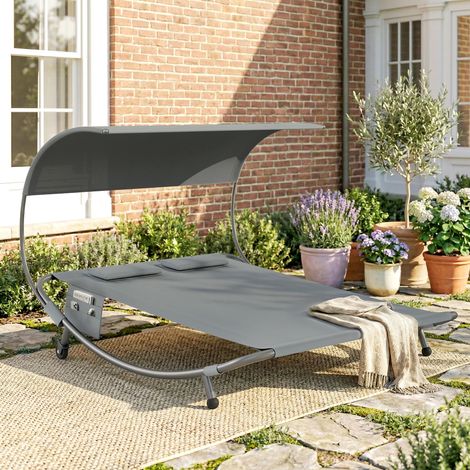 Transat double avec auvent amovible, roues, coussins et poches, gris (1/5)