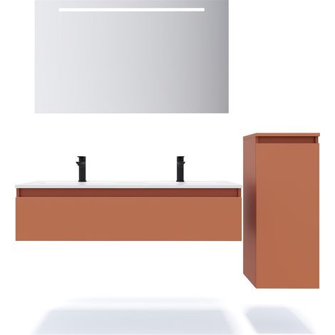 Meuble de salle de bain suspendu double vasque intégrée 120cm 1 tiroir Terracotta + miroir + colonne ouverture droite - Hudson (1/5)