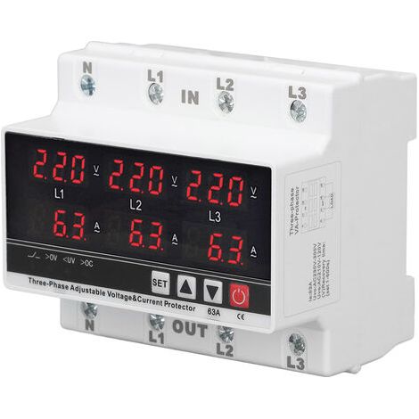 Protecteur de sous-tension Rail DIN Protecteur de surintensité réglable AC120V-300V 63A 3 phases 3 fils 4 fils