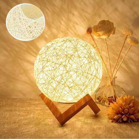 Veilleuse LED, lampe de chevet, lampe d'ambiance en rotin et bois, rechargeable par USB (1/5)