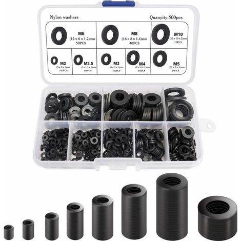 Joint en nylon, rondelle d'entretoise ronde de rondelle plate noire de 500PCS compatible avec M2 M2.5 M3 M4 M5 M6 M8 M10 (1/5)