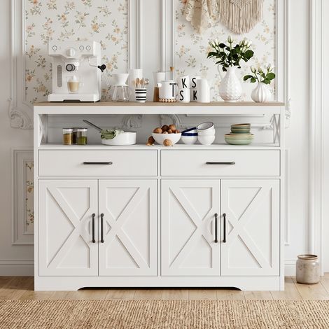 Buffet Bois 140 cm avec Plateau en Bois - 4 Portes et 2 Tiroirs, Poignées Noires - Meuble de Rangement Design - Blanc