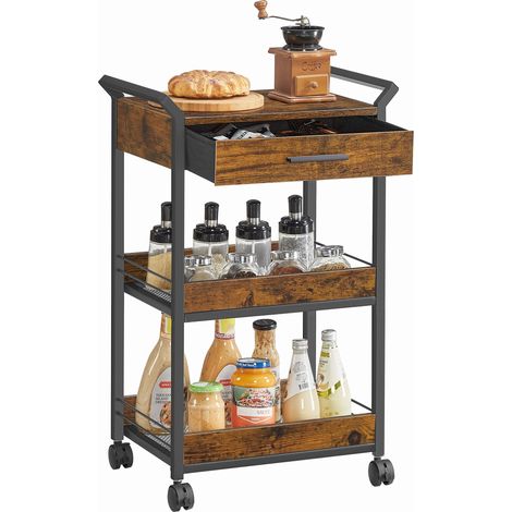 Chariot de Rangement, 3 Niveaux Chariot à Roulette, Panneau d'Aggloméré, avec Frein, Tiroir Supérieur, Étagères, pour Cuisine, Salle de Bain, Chambre, Marron Rustique et Noir d'Encre LRC048K01 (1/5)