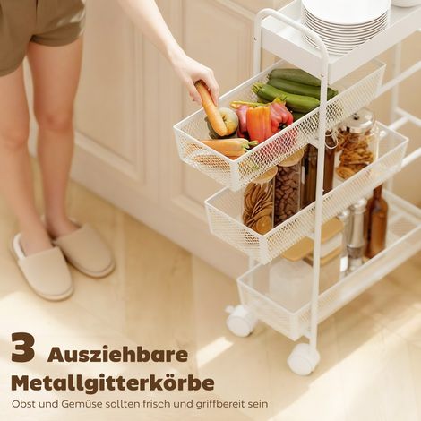 Chariot de cuisine métallique blanc à 3 paniers, design étroit, 4 roulettes, pour cuisine, salon et salle de bain (1/4)
