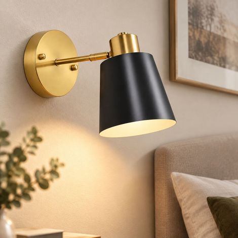 Lampada da terra a parete nera con luce a 3 colori, testa orientabile, in ferro e acrilico, lampadina COB da 7W inclusa. (1/4)