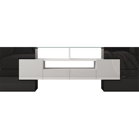 Mobile TV basso 145 cm con LED, bianco lucido e piano in vetro, MDF HOMVRA (1/5)