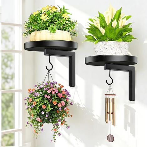 Lot de 2 Étagère Plante Murale avec Crochet, Métal Noir Intérieur (1/5)
